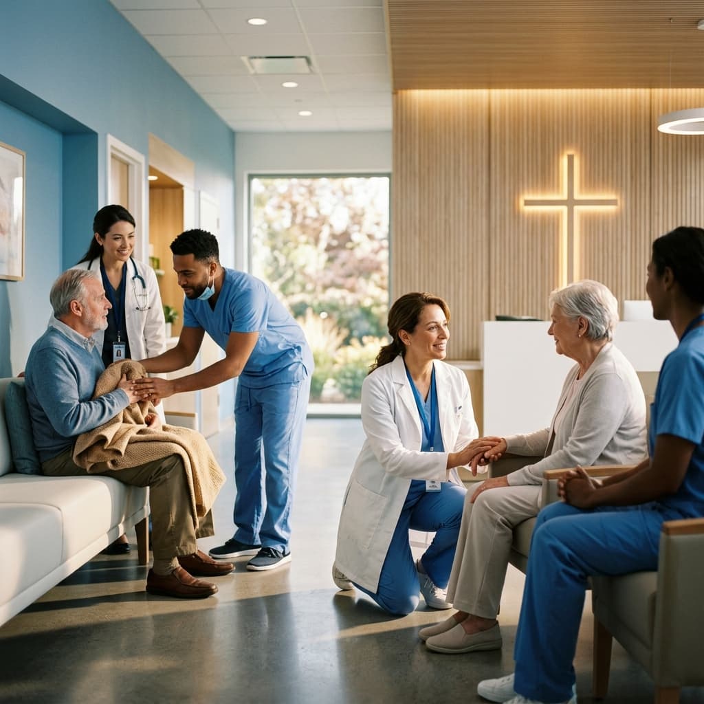 Compassionate healthcare setting with subtle Christian motifs